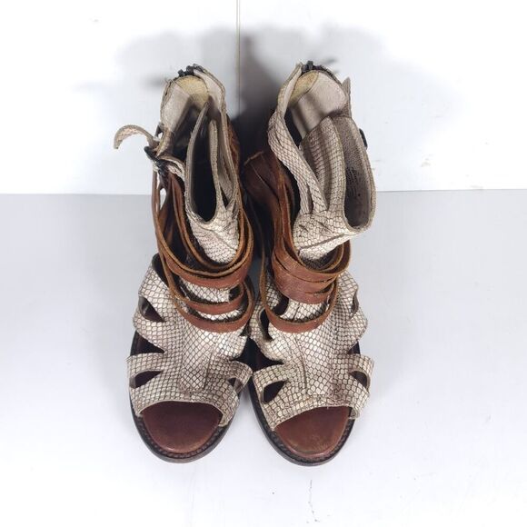 FREEBIRD BY STEVEN Women's Nest US8 Brown Leather Snakeskin Zip Strappy Sandals - Picture 5 of 16
